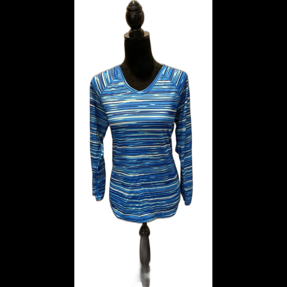 Kanu‎ Athletic Women’s Shirt Size XL Blue White Striped Pilates Workout Yoga